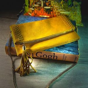 Moda Luxe Envelope Clutch in yellow ochre. Moving sale!